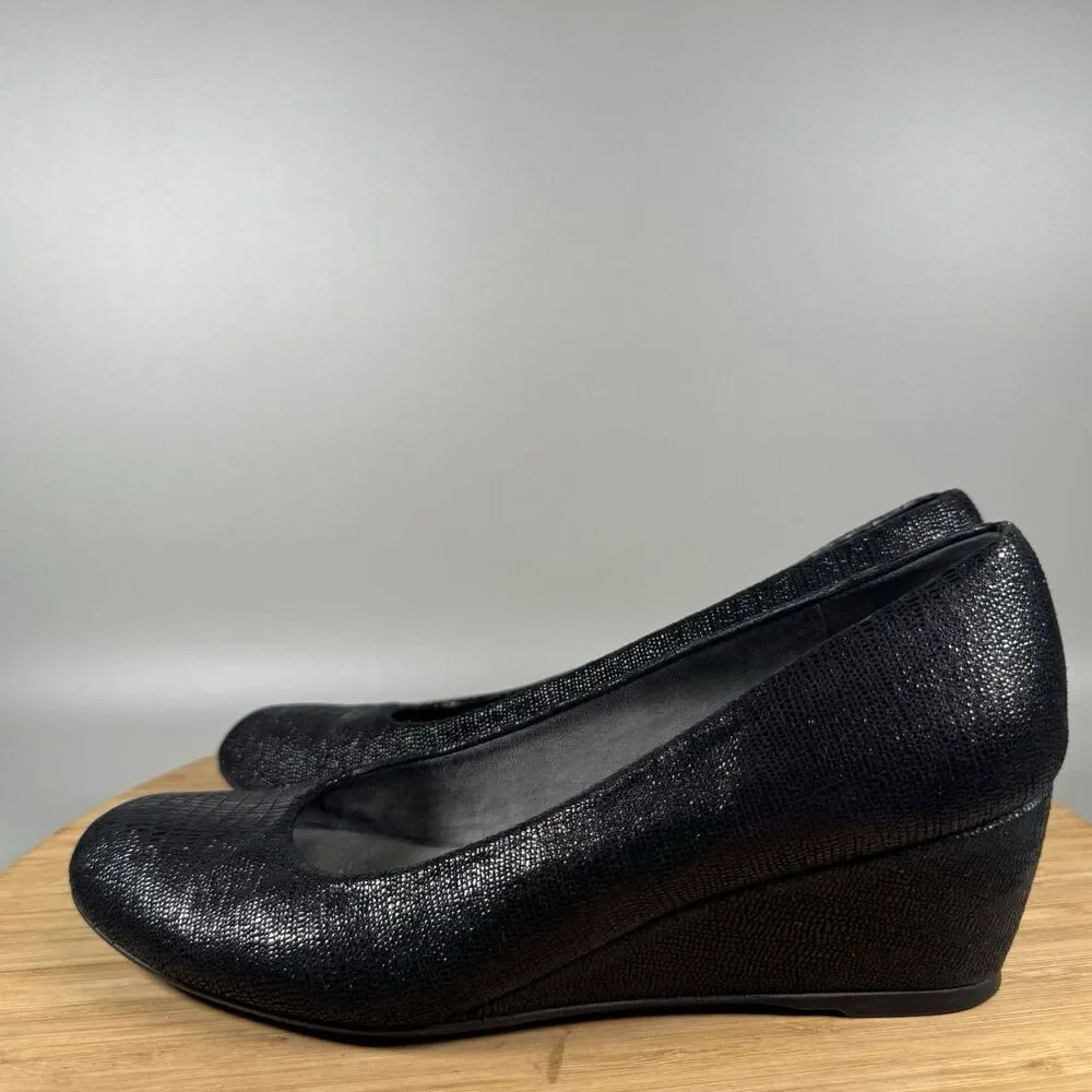 S Stuart Weitzman Black Leather‎ Wedge Heel Slip On Womens Size 7.5 Spain